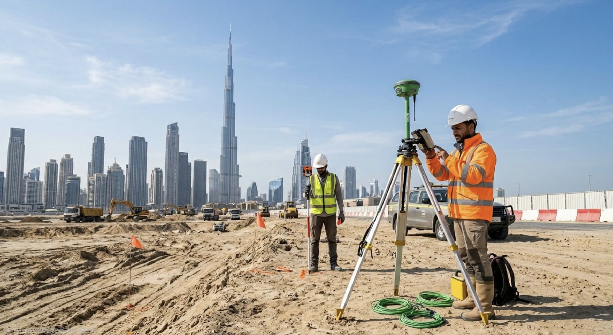 Al Bosala surveyors conducting a field survey in Dubai with Burj Khalifa skyline